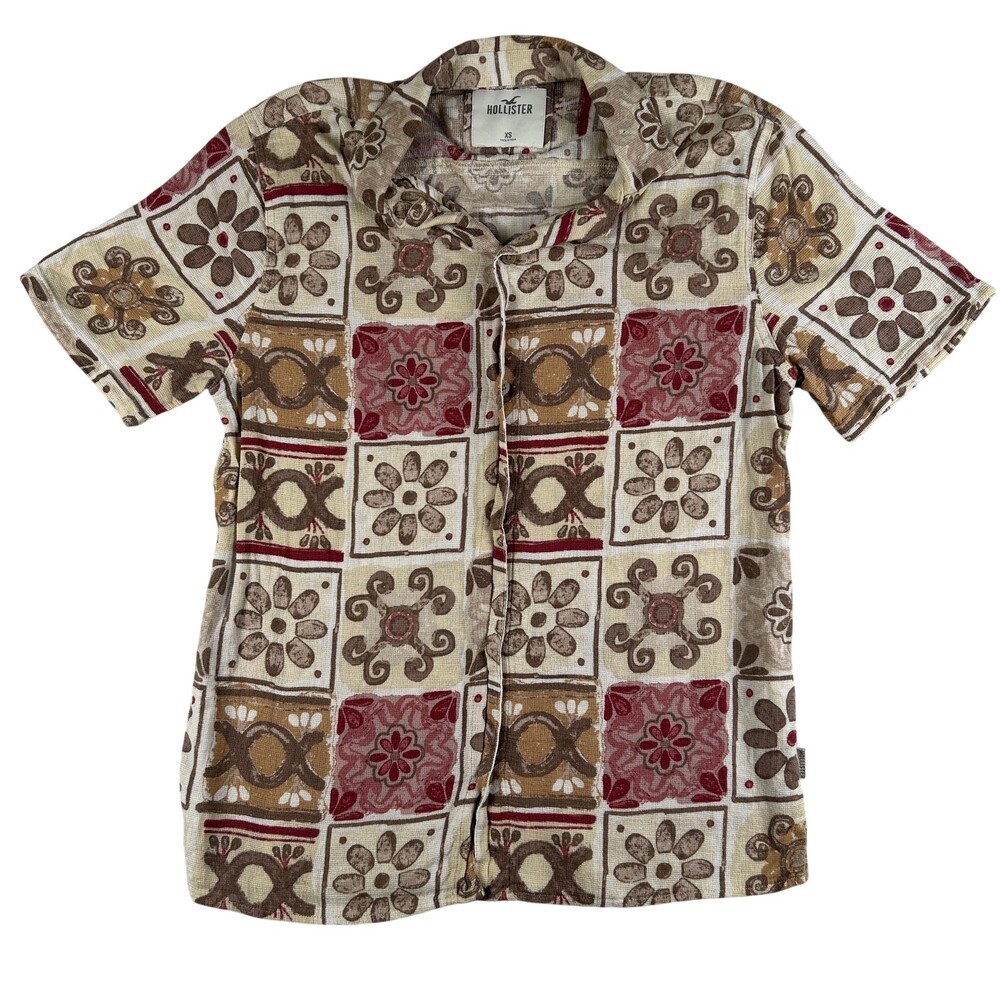 Hollister Shirt Teens XS Multicolor Floral Tile Short Sleeve Button Up Casual